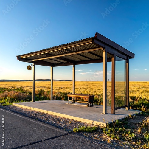 Sheltered bus stop beside golden field, clear blue sky, rural roadside scene in warm sunlight