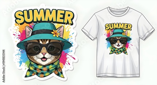Cute Summer Cat Wearing Sunglasses T-Shirt Design Illustration