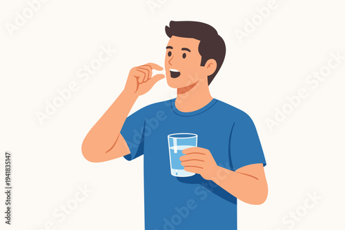 Vector Illustration of a Young Man Taking a Pill or Vitamin Supplement and Holding a Glass of Water for Healthcare, Medicine, and Wellness Concept. Flat Design Character Isolated on White Background.