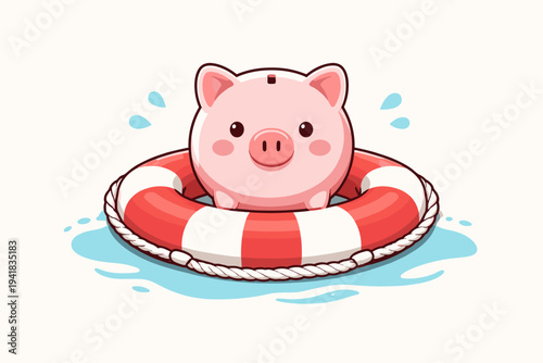 Vector Illustration of a Cute Pink Piggy Bank in a Red and White Lifebuoy Floating on Water, Symbolizing Financial Safety, Emergency Fund Savings, Investment Protection, and Economic Rescue.