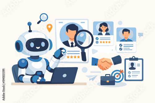 AI Recruitment and Automated Hiring Process Concept with a Robot Character Searching for Job Candidates, Analyzing Resumes, and Selecting Talent for Business Employment in Flat Vector Style.