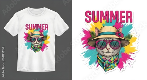 Cute Summer Cat Wearing Sunglasses T-Shirt Design Illustration