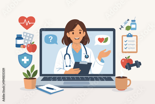 Telemedicine Concept with Female Physician Giving Online Medical Advice via Laptop, Digital Healthcare Illustration with Health Icons, Medicine, Nutrition, and Exercise for Wellness and Care.