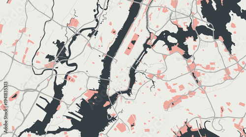 Minimalist Stylized Map of New York City with Manhattan and Brooklyn, Modern Urban Vector Illustration in Pink and Grey