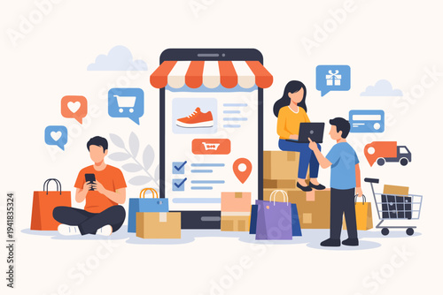Flat vector illustration of people shopping online via mobile app and laptop on an e-commerce platform. Customers making orders, surrounded by shopping bags, delivery boxes, and retail icons.