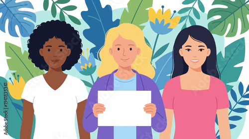 Group of Diverse Women Holding a Blank White Sign for Copy Space, Vector Illustration of Multicultural Female Characters Against a Tropical Floral Background, Empowerment Concept