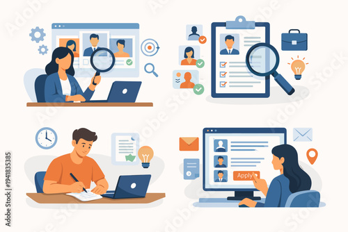 Vector Illustration Set of HR Manager Searching for Potential Job Candidates, Professional Writing CV Resume, and Person Applying for Vacant Position Online for Career Growth and Employment.