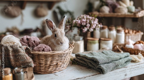 Cozy rustic interior with gray rabbit sitting in wicker basket and handmade knitted textile products