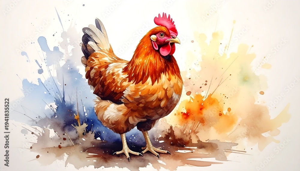 Fototapeta premium Hen in watercolor. Detailed feathers, red comb, blurred paint splashes background, brown and white chicken