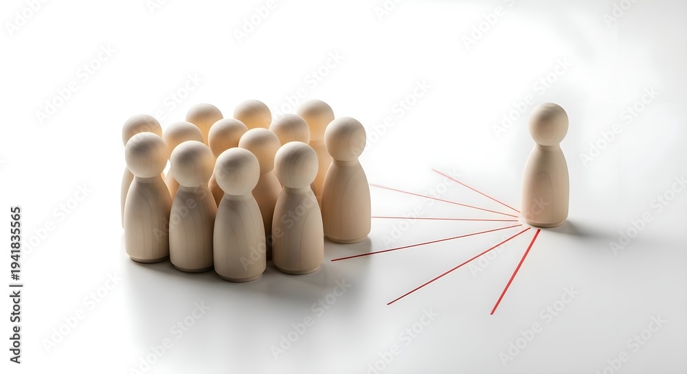 Obraz premium Employee Target Audience: Group of wooden figures targeted by red laser lines from a single leader, marketing segment, customer reach and leadership focus concept