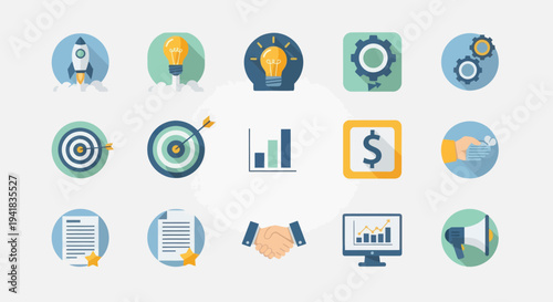 Flat Design Business and Finance Icons Set: Startup Ideas Strategy Data and Global Growth Concepts.
