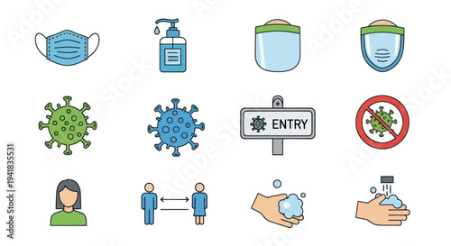A colorful set of vector icons representing COVID-19 pandemic safety measures and virus awareness.