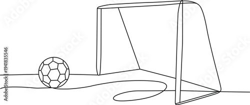 A soccer ball rolling towards an open goal in a black and white illustration Vector