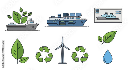 Sustainable transport green energy and recycling concept line art icons.