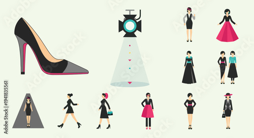 Collection of Fashionable Womens Shoes Clothing and Lighting Equipment.