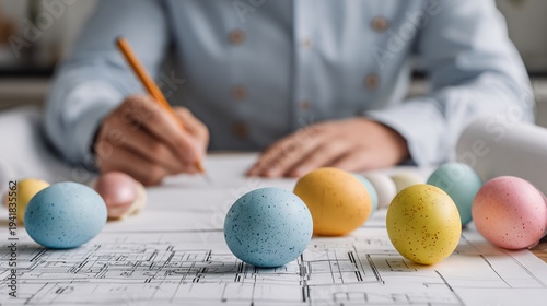 Focused Architect Sketching Construction Plans with Colorful Easter Eggs on Blueprint