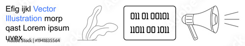 Digital communication, data transfer, marketing, technology, cybersecurity, coding. Binary code and a megaphone icon. Digital communication and data transfer concept