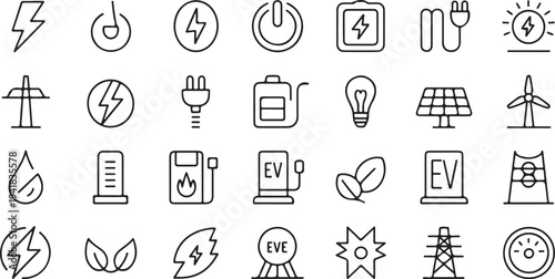 Set of black and white representing various energy sources and technology electricity