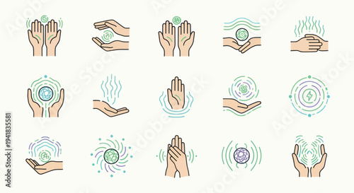Hand-drawn icons: human hands interacting with abstract energy water and care symbols.
