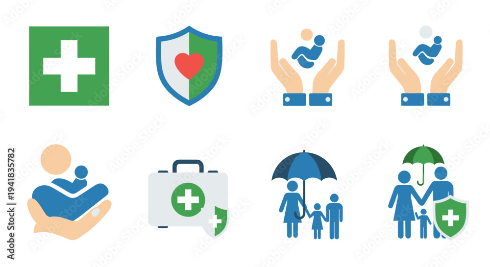 Fototapeta premium Health and Family Insurance Icon Set: Protection Care and Medical Assistance Symbols.