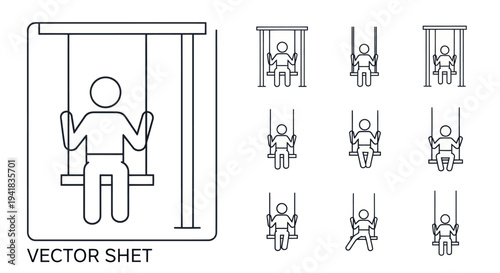 Collection of Simple Line Art Icons Depicting People on Swings.