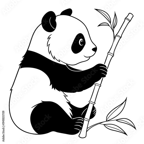 Cute panda bear holding bamboo stalk in natural setting
