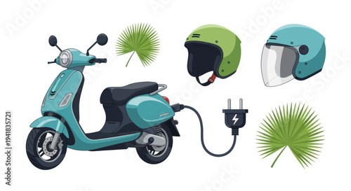 Teal electric scooter charging with plug two helmets and tropical leaves for eco-friendly urban transport.