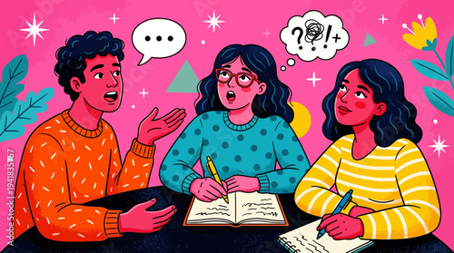 Diverse Group of Young People Studying and Communicating Illustration, Concept of Teamwork, Brainstorming, Misunderstanding and Creative Thinking