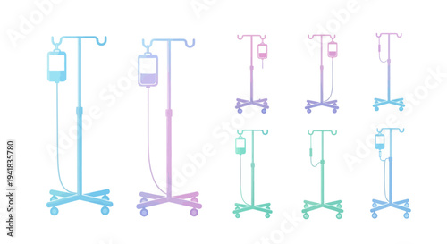 A colorful stylized set of medical intravenous IV drip stands with bags and tubing.