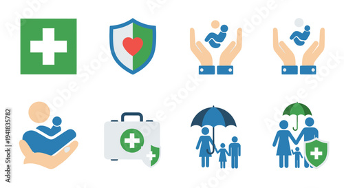 Health and Family Insurance Icon Set: Protection Care and Medical Assistance Symbols.