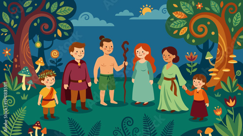 Enchanted Forest Fairytale Illustration with Fantasy Characters, Shaman, and Family in Whimsical Nature Setting