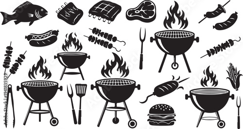 Barbecue grills and food icons in black and white