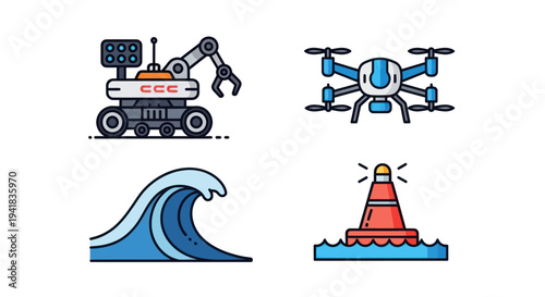 Collection of Robotic Aerial and Marine Technology Icons.