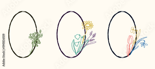 Hand drawn crayon frame with lavender, spring flowers. Charcoal spring wild florals in doodle style. Wax crayon sketch of plants. Ink minimal botanic collection. Grunge borders. Isolated vector illust