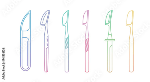 A colorful line art illustration set of various eyebrow razors and dermaplaning tools.