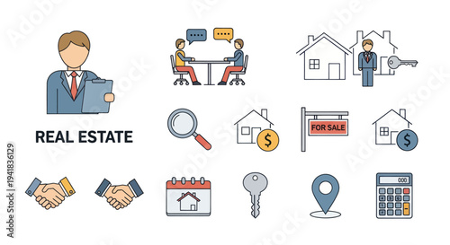 Colorful real estate icon set featuring property agent sale and contract symbols for business.