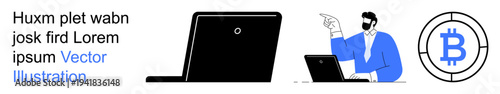Cryptocurrency, blockchain, finance, digital payment, online investment, business analysis. A man points to a laptop and a Bitcoin icon. Cryptocurrency and blockchain concept