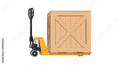 Wooden crate secured on a yellow pallet jack for transportation