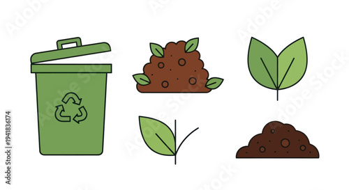 Green Recycle Bin with Recycle Symbol Soil Pile with Leaves and Green Leaf Illustrations.