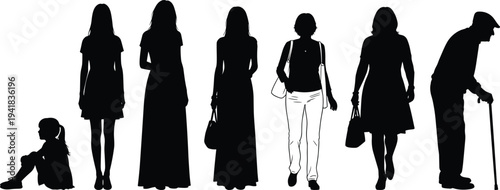Black silhouettes of diverse people including women, a child, and an elderly man walking, cad drawing flat vector illustration, isolated