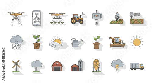 A colorful hand-drawn icon set representing modern smart farming agriculture and weather.