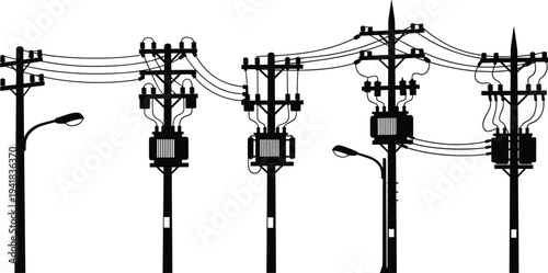 Black silhouette of electric utility poles with power line cables transformers and street lights isolated on white background for industrial design