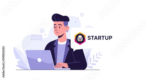 Young man working on laptop for startup business project flat design illustration.