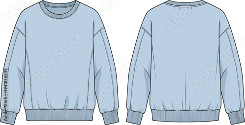 Blue sweatshirt technical sketch front and back view, blank apparel template, fashion cad drawing, flat vector illustration, long sleeve pullover