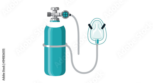 Illustration of a teal oxygen tank connected to a white nasal cannula