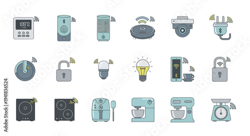 Smart Home Devices: Collection of Connected Appliances and Gadgets with Wireless Connectivity.
