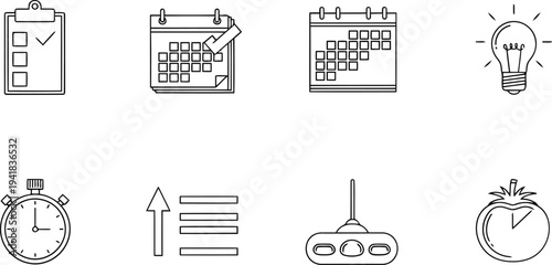 Business process icons: checklist, calendar, idea bulb, router