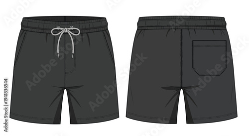 Gray athletic shorts displayed from front and back views for apparel design