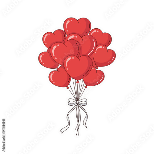 A cheerful cluster of bright red heart-shaped balloons, elegantly bundled with a flowing white ribbon and bow.