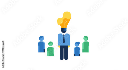 Creative business leader with lightbulb head inspiring team collaboration.